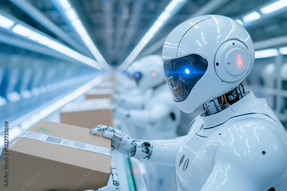 Aufkleber robots sorting packages in a high-tech warehouse during the day