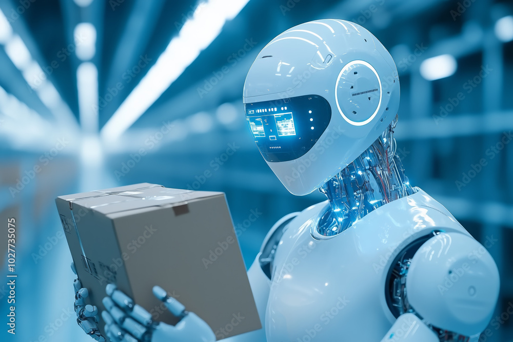 Poster robot working in a modern warehouse while handling a parcel during daylight hours