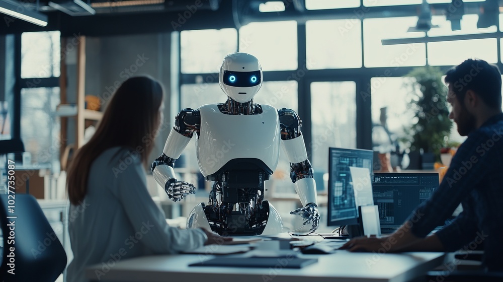 Poster ai-powered robot assisting in a modern office, human-robot collaboration, advanced ai algorithms, di