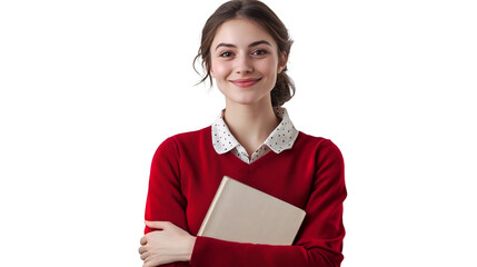 A confident female teacher holding a book isolated on a transparent background, PNG 