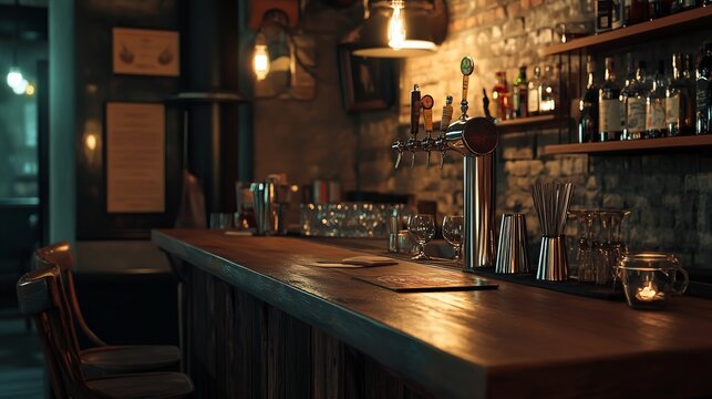 Cozy and warmly lit bar with a wooden countertop, glasses, and bottles arranged behind, evoking a welcoming and intimate atmosphere