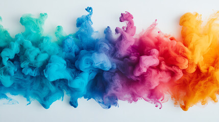 Fototapeta premium A vibrant wave of colorful smoke or ink swirling dramatically against a white background, showcasing striking shades of blue, pink, and orange for artistic and creative projects.