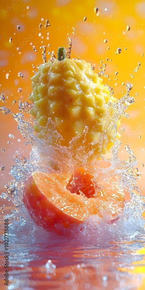 Poster a yellow kiwano melon and a slice of cantaloupe melon splashing into water, creating a vibrant, refr