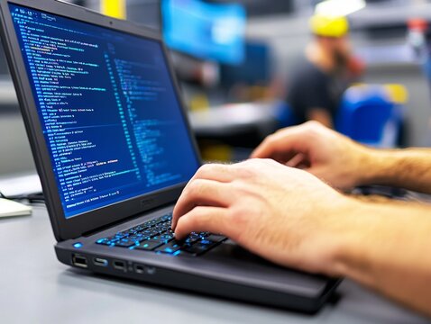 Software developer writing code on laptop keyboard in office