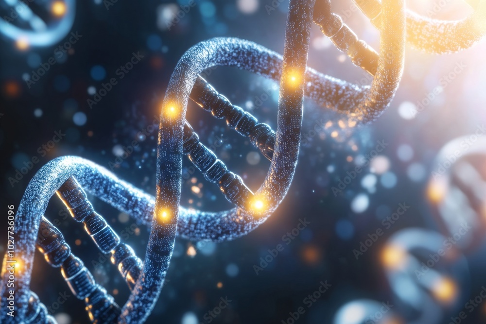 Poster dna double helix rotating with glowing particles