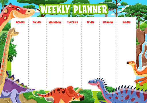 Weekly planner with funny cartoon dinosaur characters. Vector education timetable schedule template. School lesson time table or organizer frame for kids with dino animals in jungle forest landscape
