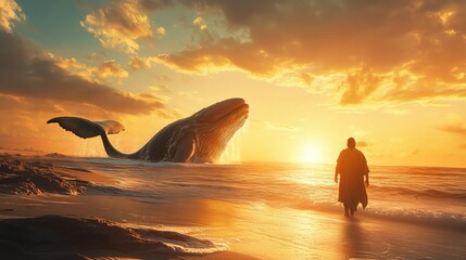 Jonah being released from the whale onto dry land, peaceful beach with the whale in the background, sunrise illuminating the scene, high-resolution, biblical story of redemption