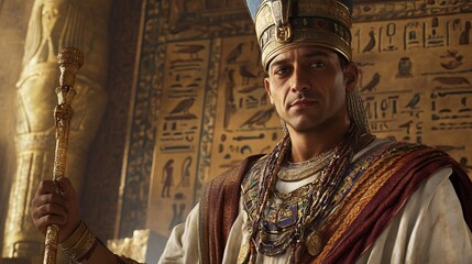 Obraz premium Joseph as the Pharaoh's advisor, regal and dignified, wearing Egyptian royal attire, calm and wise expression, holding a staff of authority, Egyptian hieroglyphs on the walls behind him