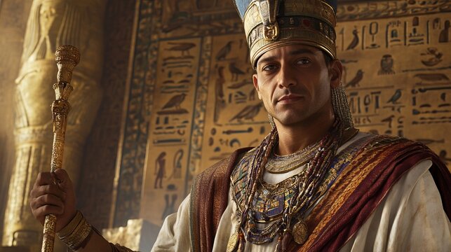 Joseph as the Pharaoh's advisor, regal and dignified, wearing Egyptian royal attire, calm and wise expression, holding a staff of authority, Egyptian hieroglyphs on the walls behind him