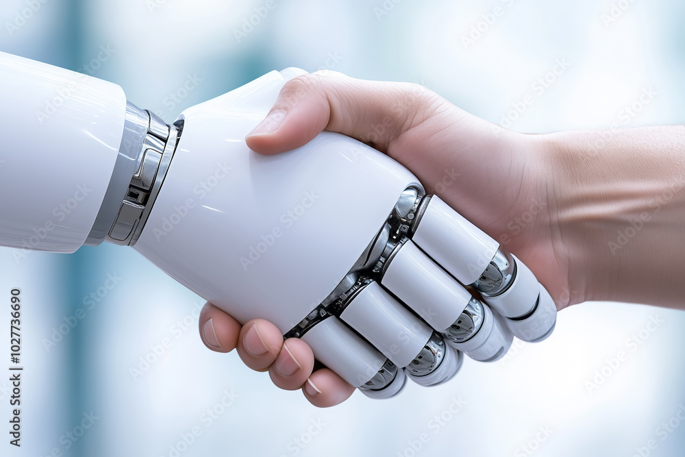 Poster human-robot handshake symbolizing tech collaboration and ai in a modern setting