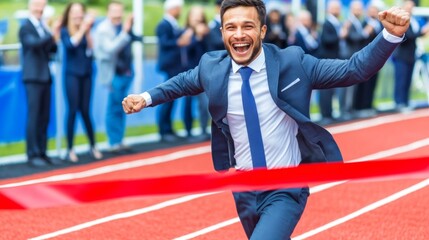 Businessman crossing finish line on running track with business people cheering