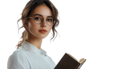 A confident female teacher holding a book isolated on a transparent background, PNG 