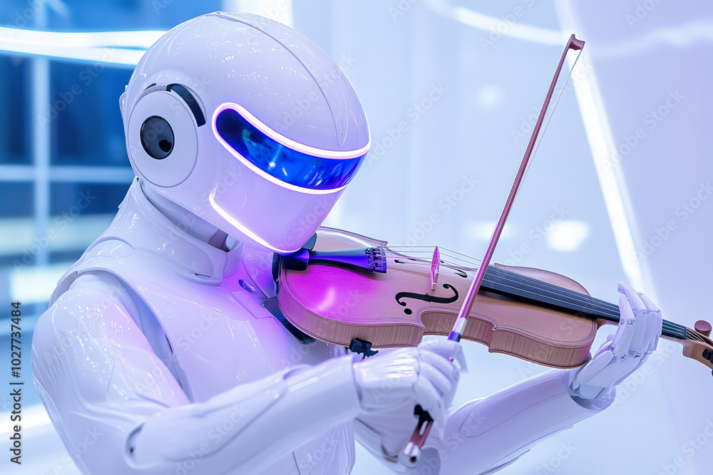 Poster a futuristic robot plays violin in a high-tech setting at a tech exhibition