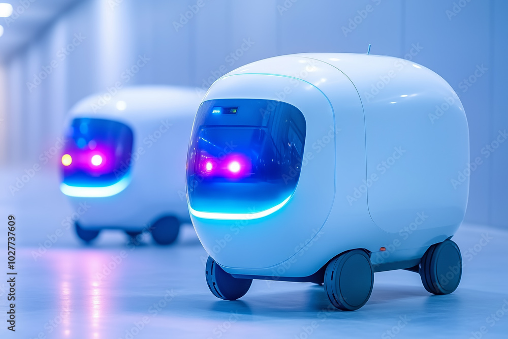 Poster autonomous delivery robots navigating a futuristic hallway in a modern urban environment