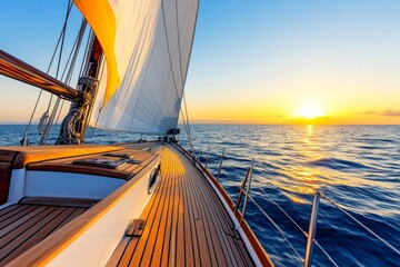 Fototapeta premium Sailing yacht gliding through calm blue waters, its white sails catching the wind, with the sun setting on the horizon, casting golden reflections on the sea