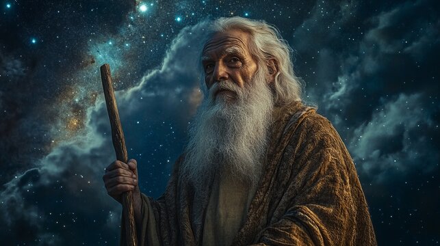 Portrait of Abraham, the father of nations, elderly man with a long white beard, wise and serene expression, wearing traditional nomadic clothing, holding a staff, standing under a starry sky