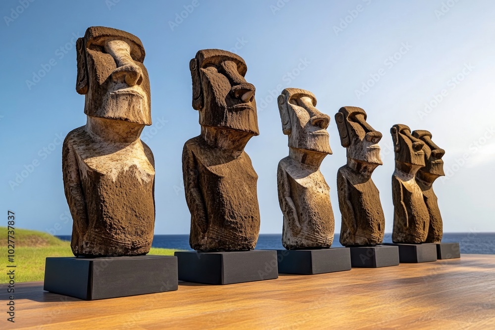 Poster Simple depiction of the Moai statues, with their distinctive shapes reduced to basic forms, standing in a row against a plain background