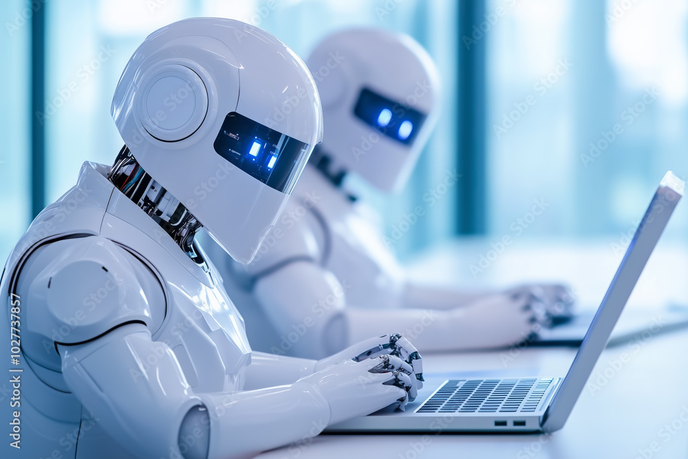 Poster robots working on laptops in a modern office environment during daylight hours