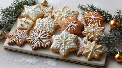 Delicious snowflake cookies decorated with icing and festive designs