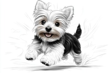 Simple line drawing of a Yorkie running, with just a few strokes showing its small body and flowing coat, emphasizing its energy and movement