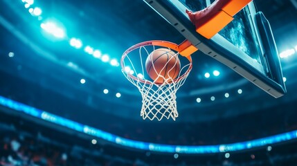 Basketball falling through hoop during game in arena