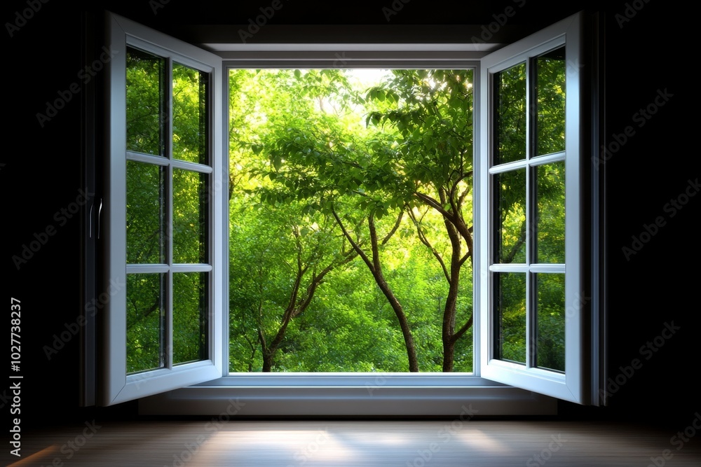 Poster single open window in a minimalist room, with fresh air flowing in and a light breeze lifting the cu