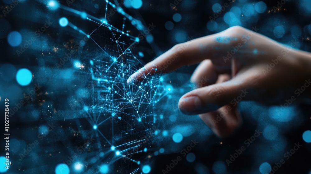 Poster a full frame view of a finger reaching out to touch a virtual business point, emphasizing digital in