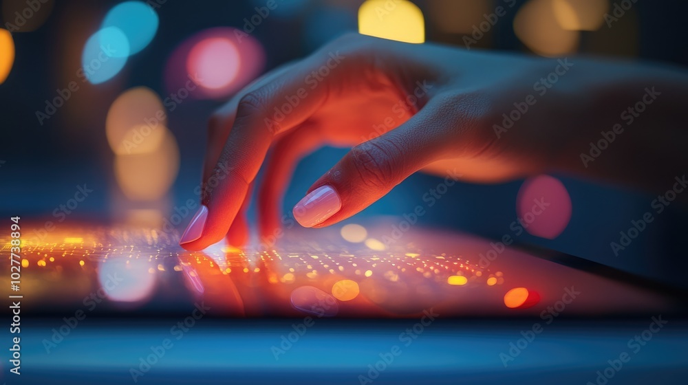 Poster a full frame view of fingers about to touch a business touchscreen, illustrating the concept of digi