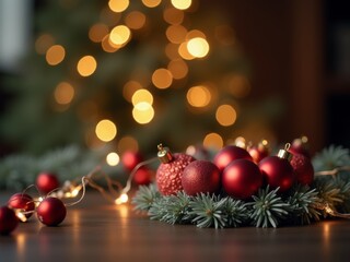 Festive holiday decorations featuring red ornaments and greenery on a table with a sparkling Christmas tree in the background