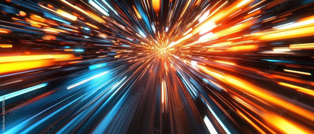 Poster dynamic burst of colorful light rays in motion, creating a sense of speed and energy, perfect for te