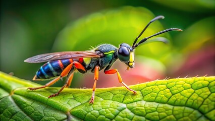 insect close-up, wildlife, green, Connecticut, vibrant, New England, leaf, insect, macro, close-up, wings, Braconid wasp perched on a vibrant green leaf in a close up shot