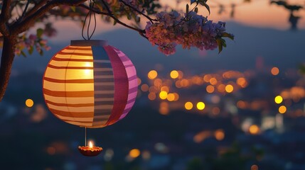 Obraz premium a single Indian style eco-friendly diwali elegant lantern with stripes of papers attached to bottom side floating, on tree flowers branch coming from side, with cityscape with glowing diyas