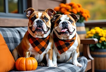Naklejka na ściany i meble Cozy autumn scene with two happy bulldogs on a porch bench, thanksgiving, halloween