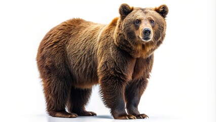 Fototapeta premium forest, carnivore, nature, isolated, alone, staring, white background, wild, fur, majestic, Big brown bear standing on a white background with its head turned slightly to the side