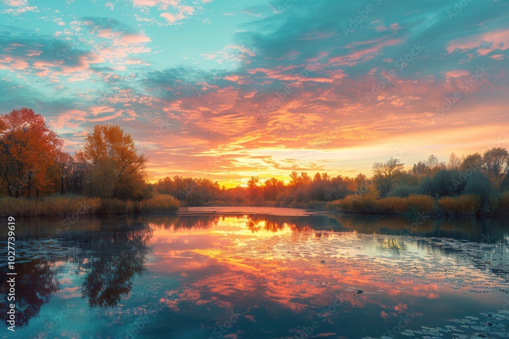 Poster the sky glows with vibrant colors as the sun sets, casting a warm reflection on the tranquil lake su