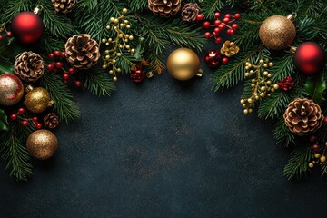 Christmas banner with fir branches and white and red decorations on blue background