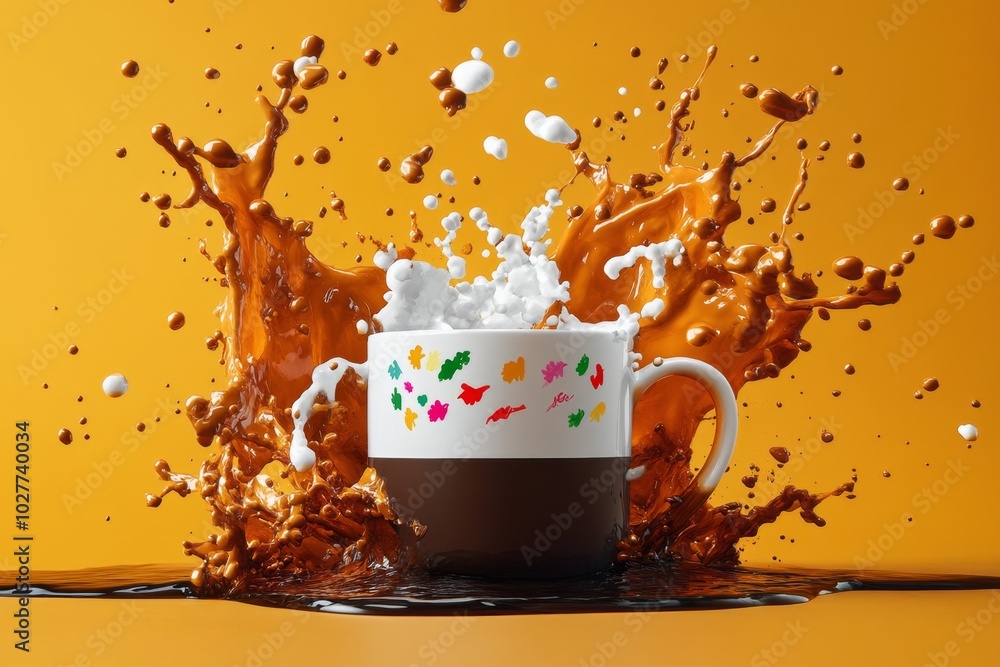 Poster watercolor depiction of a custom coffee mug, with playful splashes of color representing the custome