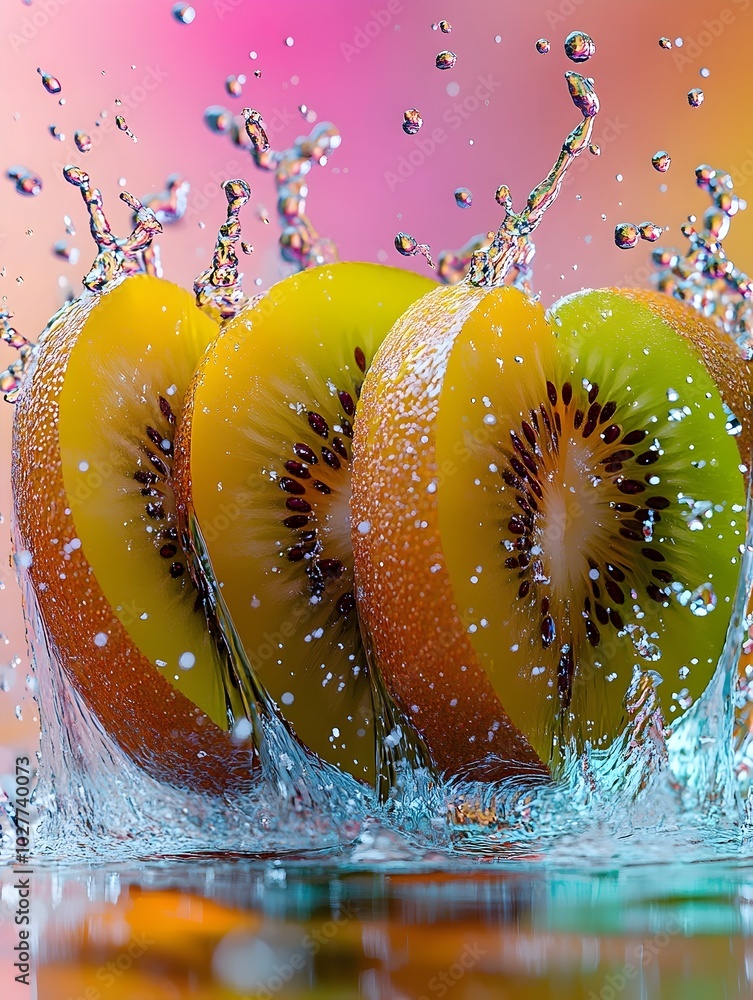 Poster fresh kiwi slices splash into water, creating a vibrant and refreshing image.