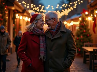 Obraz premium Couple enjoying a romantic evening stroll through a festive street decorated with warm holiday lights and Christmas trees at dusk