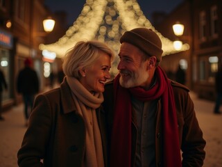 Fototapeta premium A joyful couple enjoys a winter evening stroll under festive lights in a cozy town square, surrounded by a serene snowy landscape