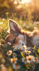 A dog is sleeping in a field of daisies
