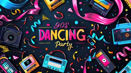 Vibrant 90s Dancing Party Background with Retro Music Items