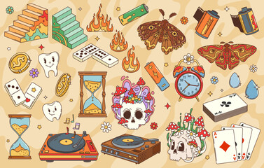 Retro groovy elements and symbols. Vector hippie flowers, butterflies and mushrooms, vintage record players and cartoon psychedelic skulls. Funky playing cards, coins, domino tiles and camera films