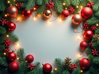 A beautiful arrangement of festive Christmas decorations featuring red ornaments and pine branches for holiday celebrations