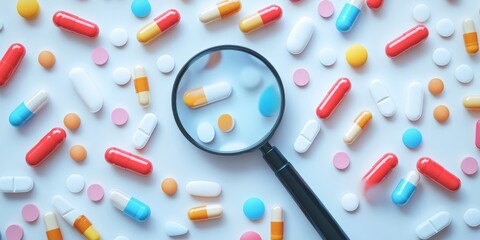 A diverse collection of colorful pills and capsules scattered on a surface. This image features a magnifying glass focusing on medication. Perfect for health and wellness themes. AI