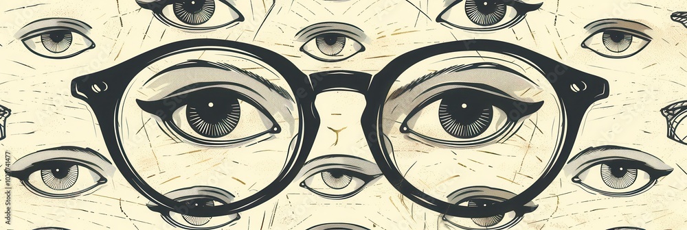 Aufkleber A distinctive pair of eyeglasses stands out in front of a vibrant array of stylized eyes, creating an intriguing visual effect. Generative AI