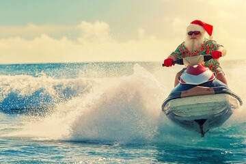 Santa claus in a red hawaiian shirt riding a jet ski across ocean waves on a sunny day, concept of fun tropical christmas adventure and festive water sports during a holiday getaway