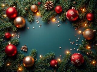 Naklejka premium Festive holiday decorations with red and gold ornaments surrounded by evergreen branches and twinkling lights