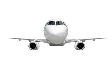 Front view of the white passenger aircraft fly isolated
