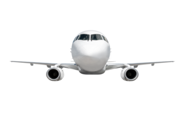 Front view of the white passenger aircraft fly isolated